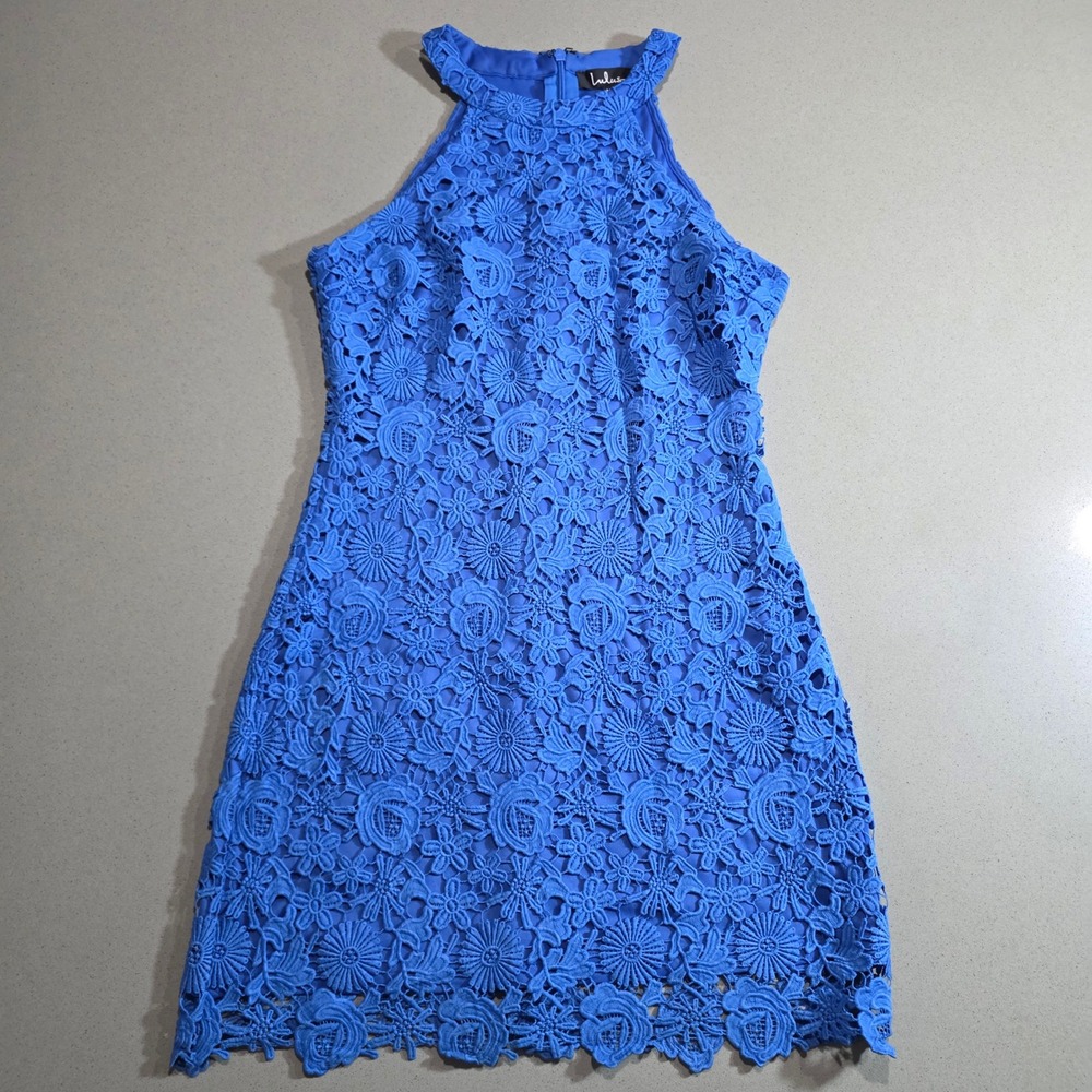 Lulus Blue Floral Crochet Lace Halter Neck Shift Dress Size Medium